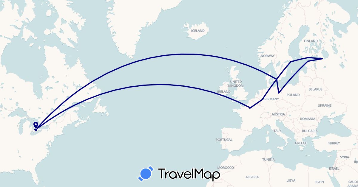 TravelMap itinerary: driving in Canada, Germany, Denmark, Estonia, Finland, France, Russia, Sweden (Europe, North America)